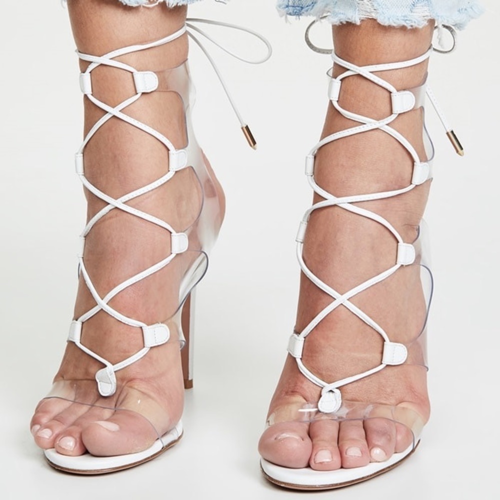 Aquazurra White Milos Sandals in Napa
Leather and Clear Vinyl
